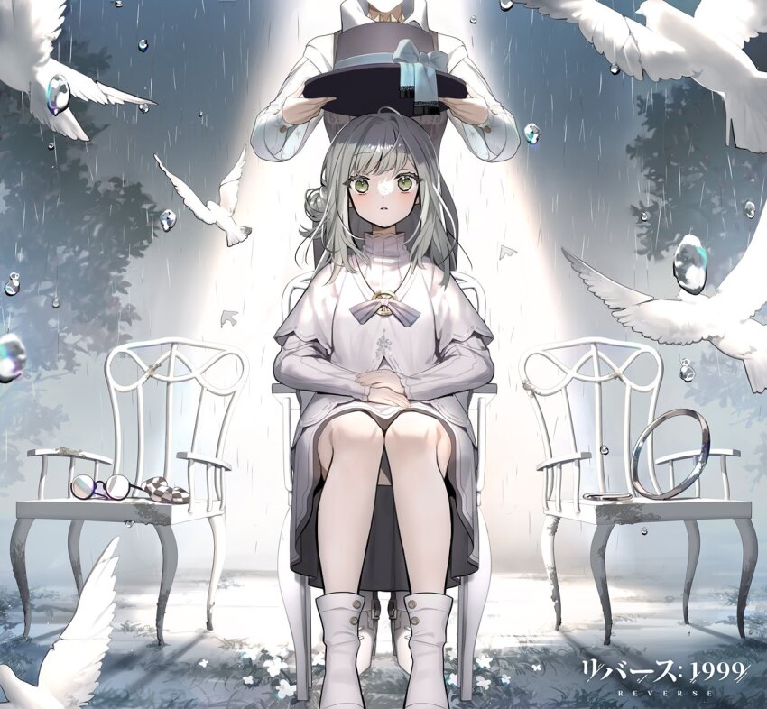 2girls, aged_down, ankle_boots, armchair, behind_another, bird, black_headwear, blue_bow, boater_hat, boots, bow, bowtie, chair, circlet, constantine_(reverse:1999), copyright_name, dress, dressing_another, flower, freckles, full_body, glasses, grey_bow, grey_bowtie, grey_eyes, grey_hair, hair_bun, hands_on_lap, hat, hat_bow, head_out_of_frame, holding, holding_unworn_clothes, holding_unworn_hat, karo_(karohroka), layered_sleeves, logo, long_sleeves, looking_at_viewer, medium_hair, multiple_girls, on_chair, putting_on_headwear, rain, reverse:1999, round_eyewear, shirt, short_dress, short_over_long_sleeves, short_sleeves, single_side_bun, sitting, spotlight, standing, tree, unworn_eyewear, unworn_hat, unworn_headwear, vertin_(reverse:1999), water_drop, white_bird, white_dress, white_flower, white_footwear, white_shirt