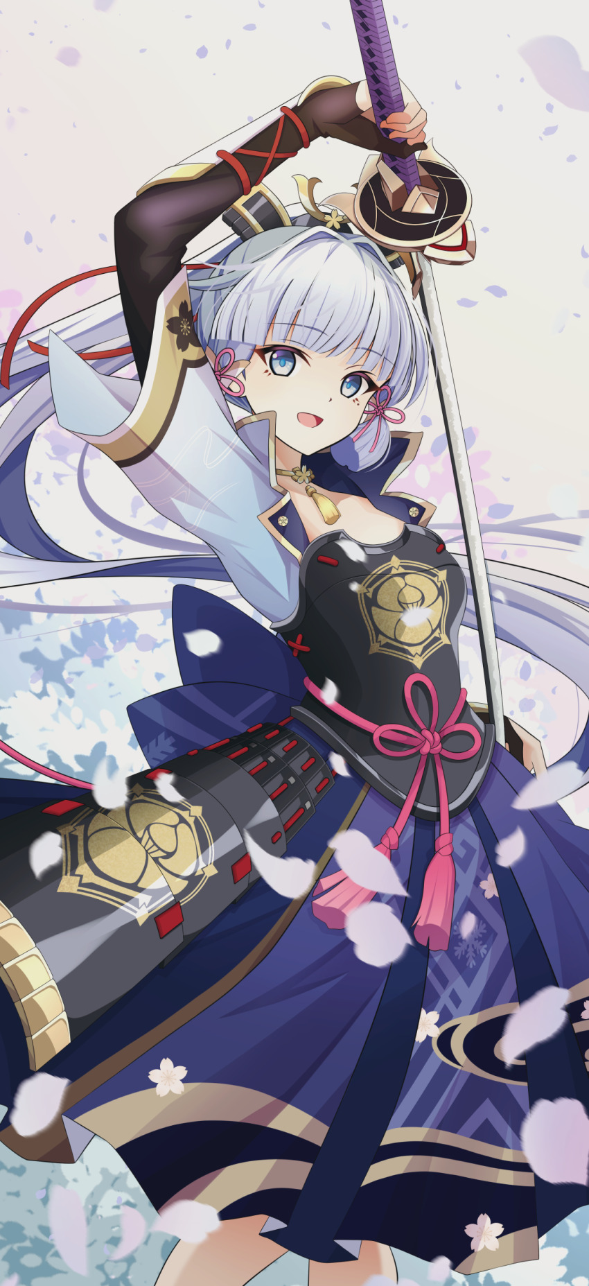 1girl, absurdres, akizawa, arm_up, armor, ayaka_(genshin_impact), black_gloves, blue_eyes