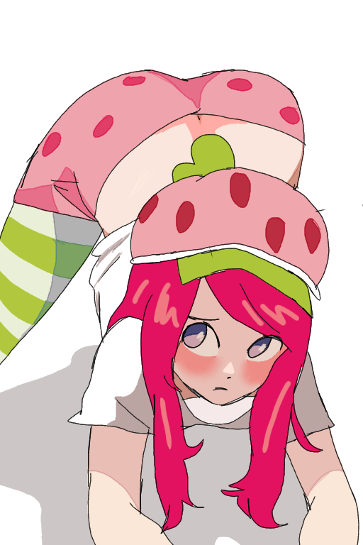 1girl, ass, blush, delpha_crisis, food-themed_clothes, green_pantyhose, hat, long_hair, looking_back, lying, pantyhose, pink_hair, pink_hat, pink_skirt, polka_dot, polka_dot_skirt, purple_eyes, shirt, short_sleeves, skirt, strawberry_shortcake_(series), strawberry_shortcake_(character), striped_clothes, striped_pantyhose, top-down_bottom-up, white_background, white_shirt