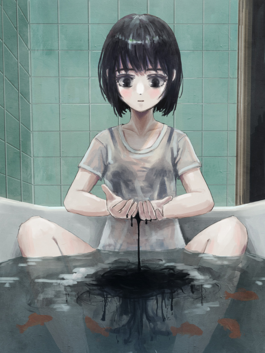 1girl, absurdres, bathroom, bathtub, black_eyes, black_hair, black_liquid, bra_visible_through_clothes