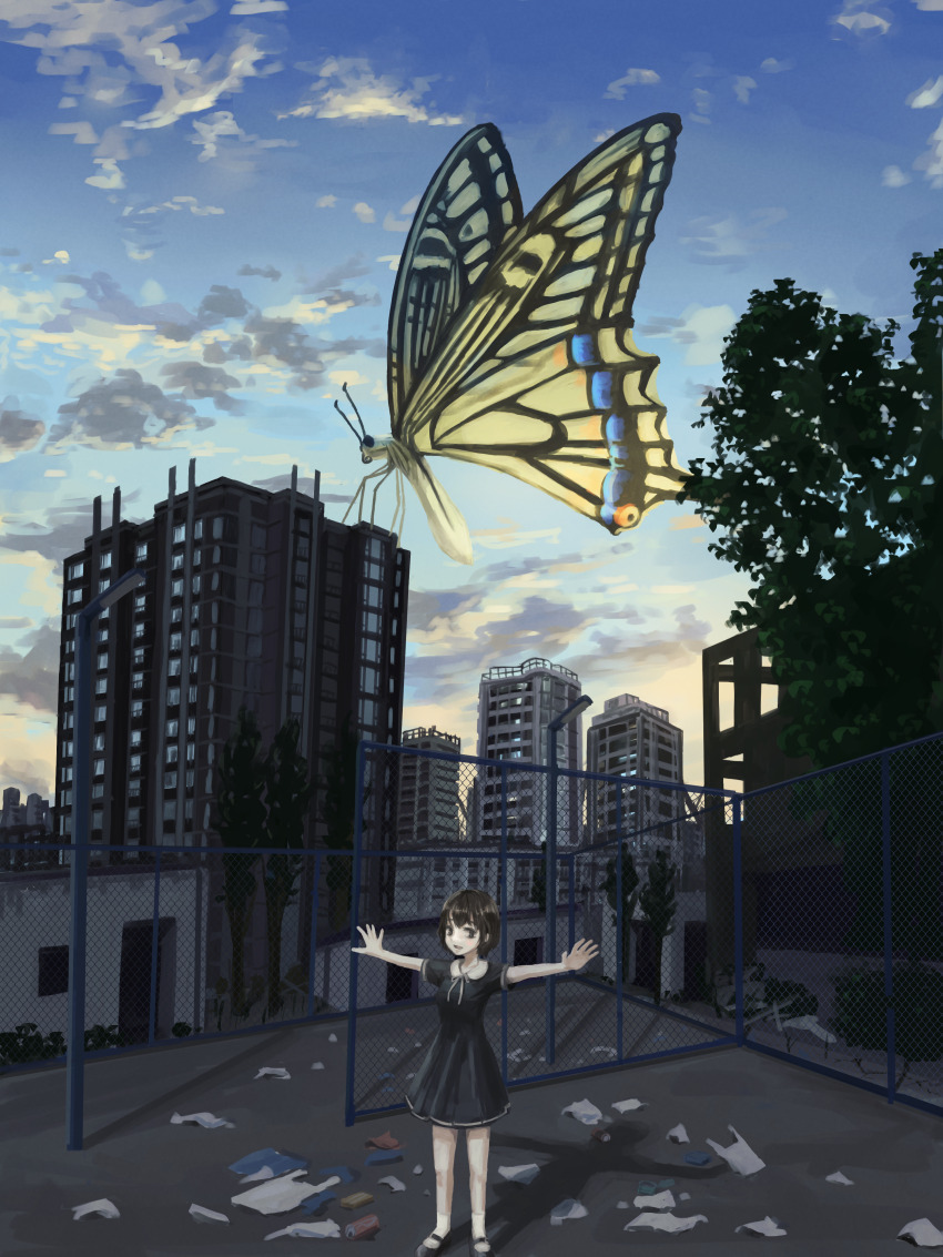 1girl, absurdres, black_dress, blue_sky, brown_eyes, brown_hair, bug, building
