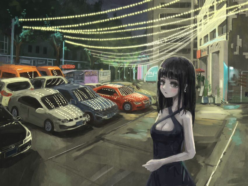 1girl, absurdres, black_dress, black_eyes, black_hair, breasts, building, car