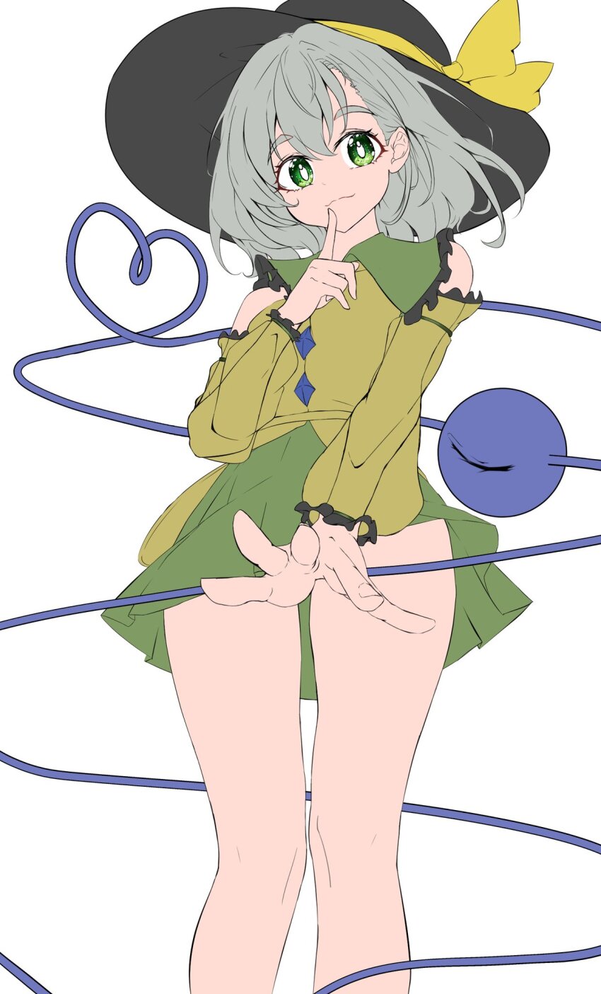 1girl, amane_alice, green_eyes, hat, highres, index_finger_raised, komeiji_koishi, legs, solo, standing, touhou