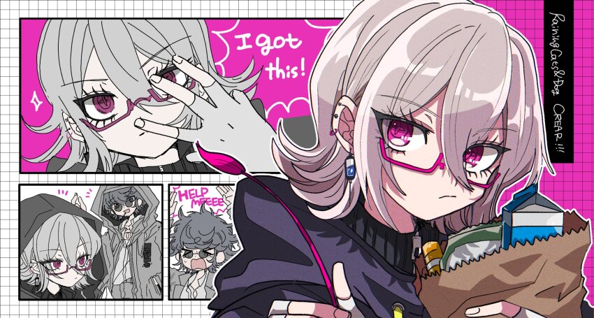 1boy, 1other, bag, blue-tinted_eyewear, blue_hair, closed_mouth, coat, collared_shirt