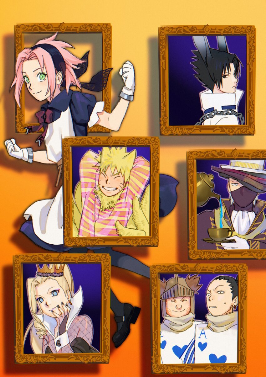 2girls, 5boys, ^_^, akimichi_chouji, alice_(alice_in_wonderland), alice_(alice_in_wonderland)_(cosplay), alice's_adventures_in_wonderland, animal_ears