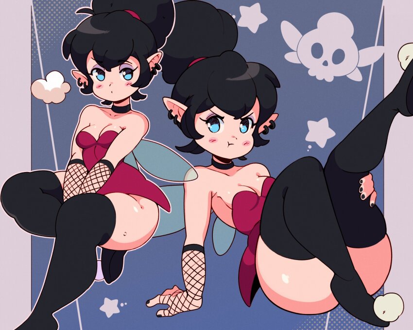 1girl, angry, arm_support, black_gloves, black_hair, black_thighhighs, blue_eyes, blush