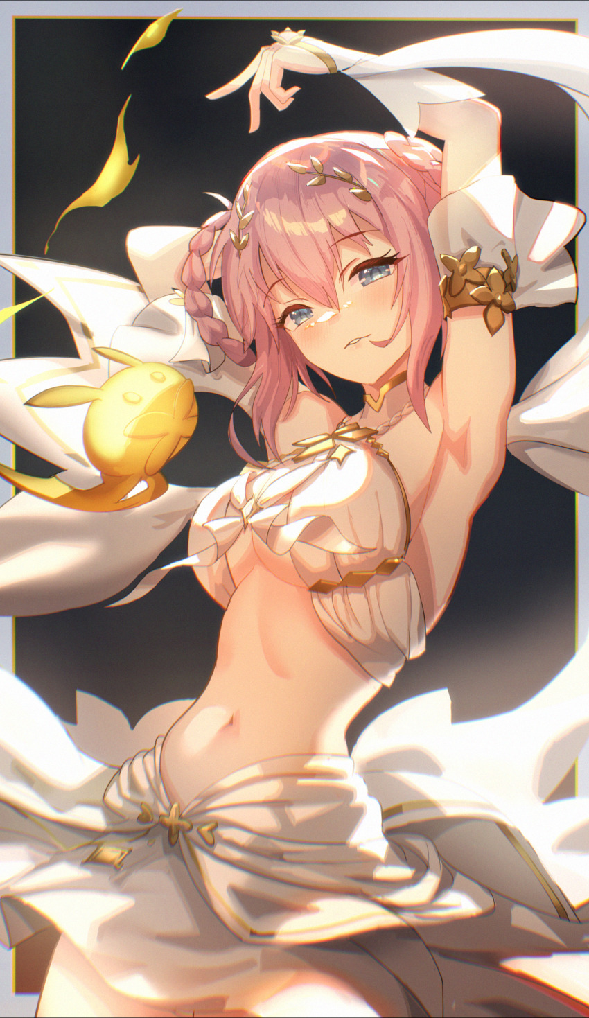 1girl, armpits, blue_eyes, braid, braided_hair_rings, breasts, bridal_gauntlets, detached_sleeves