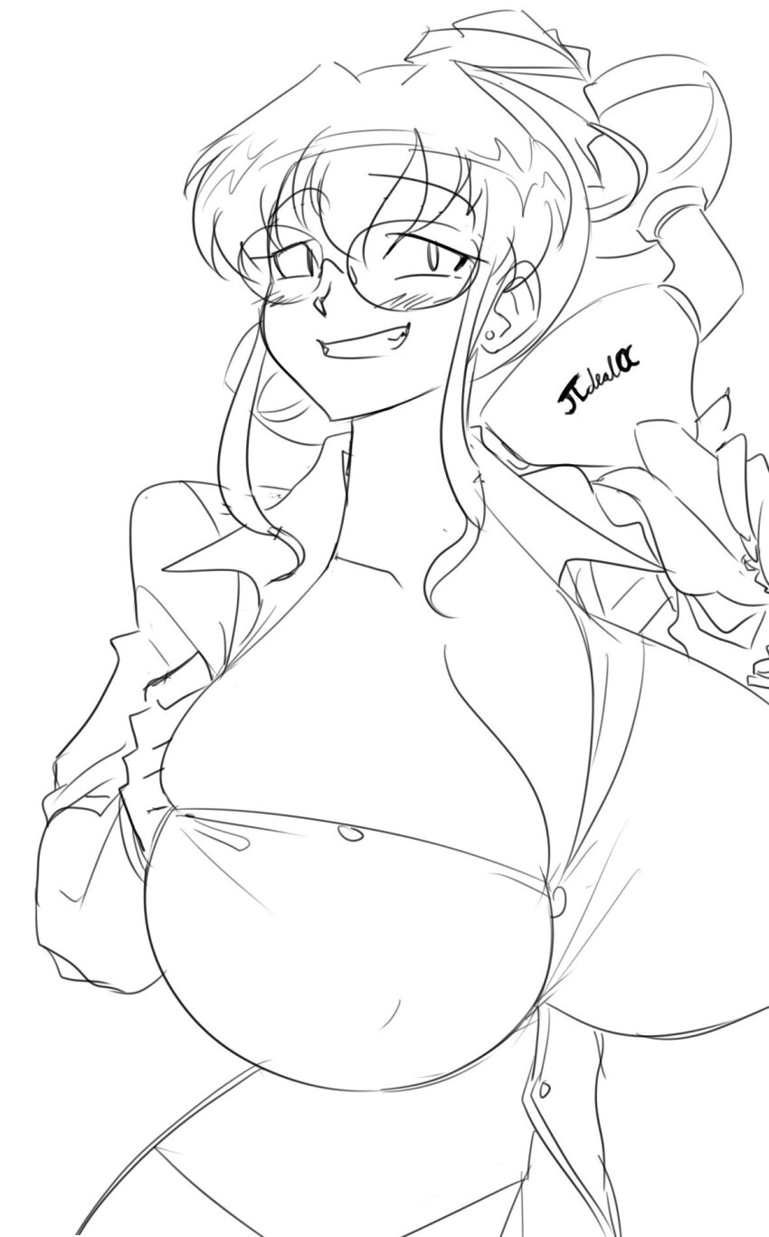 1girl, alternate_breast_size_(larger), blush, breasts, buttons, collarbone, earrings, gigantic_breasts, glasses, graph_(graphiteknight), grin, hair_bun, highres, jewelry, long_image, looking_at_viewer, mahoromatic, monochrome, naughty_face, raised_eyebrow, shikijou_saori, single_hair_bun, smile, solo, tall_image, tearing_clothes, torn_clothes, upper_body, vacuum_cleaner