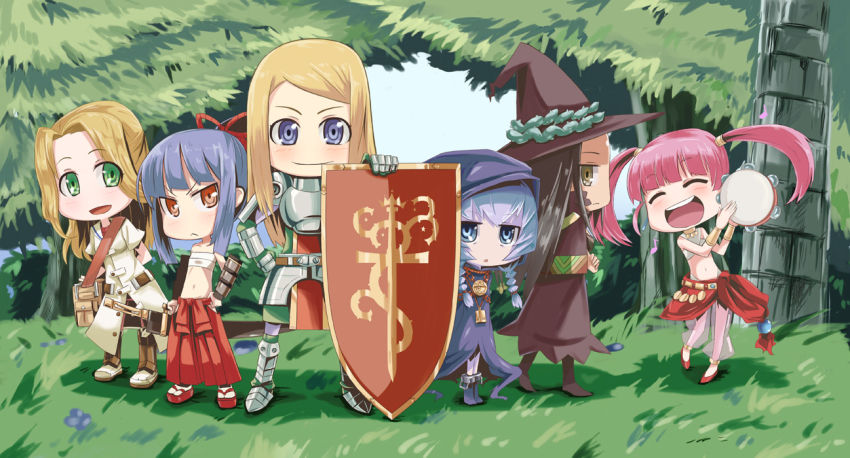 6+girls, :<, amulet, armor, atlus, bard_(sekaiju), bard_2_(sekaiju), black_hair