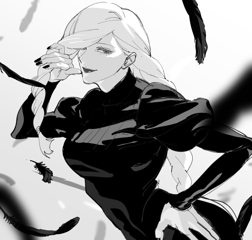 1girl, braid, closed_mouth, dress, falling_feathers, feathers, greyscale, hand_up, highres, jujutsu_kaisen, juliet_sleeves, lipstick, long_hair, long_sleeves, looking_at_viewer, makeup, mei_mei_(jujutsu_kaisen), monochrome, nail_polish, puffy_sleeves, smile, solo, souitiroukirari, twin_braids