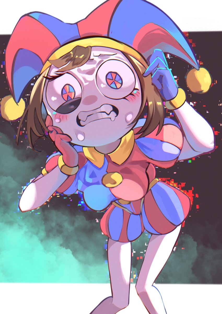 1girl, absurdres, asymmetrical_gloves, blue_bodysuit, blue_eyes, blue_hat, bodysuit, brown_hair