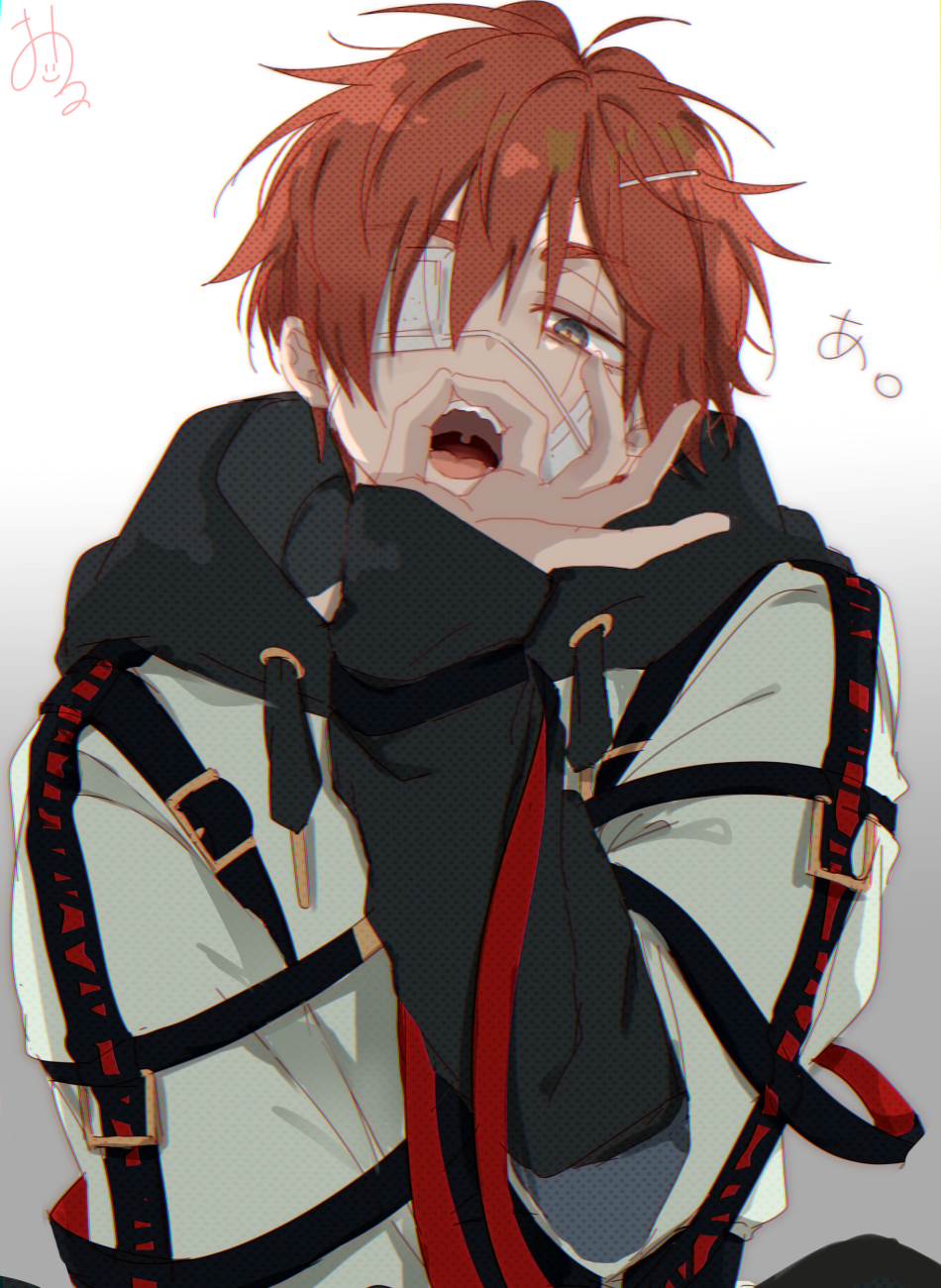 1boy, bandaid, bandaid_on_cheek, bandaid_on_face, black_hoodie, green_eyes, highres, hood