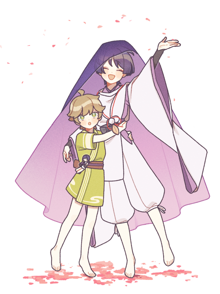 2boys, :d, :o, ^_^, ahoge, arm_up, armor, barefoot