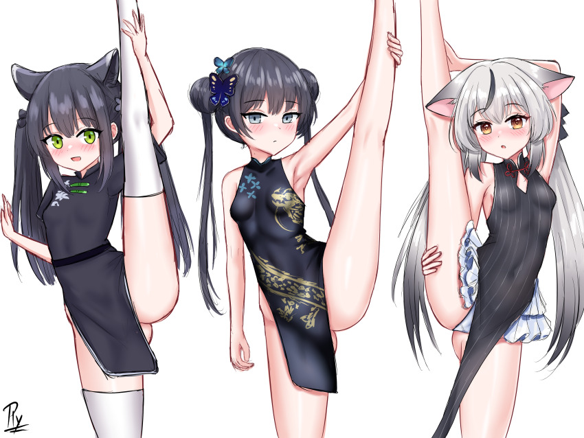 3girls, absurdres, animal_ears, black_dress, black_hair, blue_archive, breasts, butterfly_hair_ornament, double_bun, dragon_print, dress, female_focus, green_eyes, grey_hair, hair_bun, hair_ornament, highres, kisaki_(blue_archive), kokona_(blue_archive), loli, long_hair, looking_at_viewer, multiple_girls, missing_halo, orange_eyes, rylaera, shun_(blue_archive), shun_(small)_(blue_archive), signature, simple_background, sleeveless, sleeveless_dress, small_breasts, split, standing, standing_on_one_leg, standing_split, striped_clothes, striped_dress, thighhighs, tiger_ears, twintails, vertical-striped_clothes, vertical-striped_dress, white_background, white_thighhighs