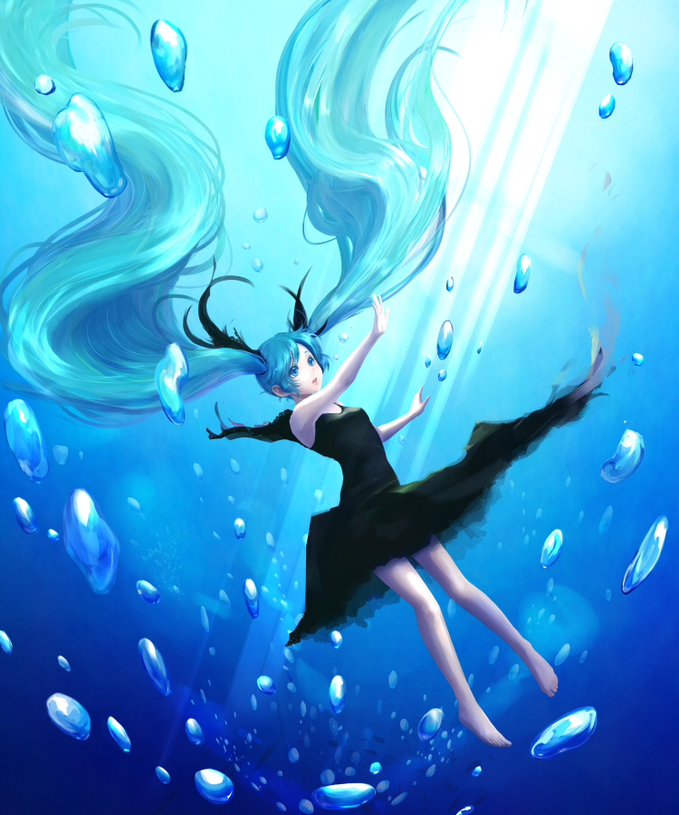 1girl, aqua_eyes, aqua_hair, bare_shoulders, barefoot, black_dress, blue_eyes, bubble