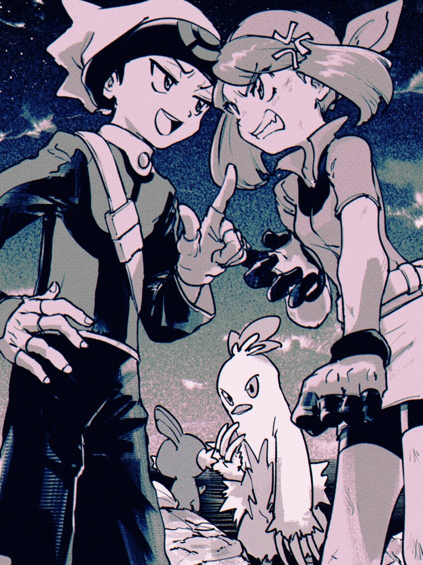 1boy, 1girl, anger_vein, backpack, bag, bandana, beanie, bike_shorts