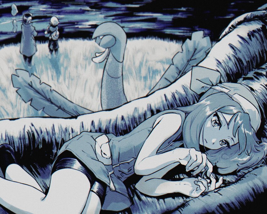 1girl, 2boys, backpack, bag, bandana, bike_shorts, black_socks, brendan_(pokemon)