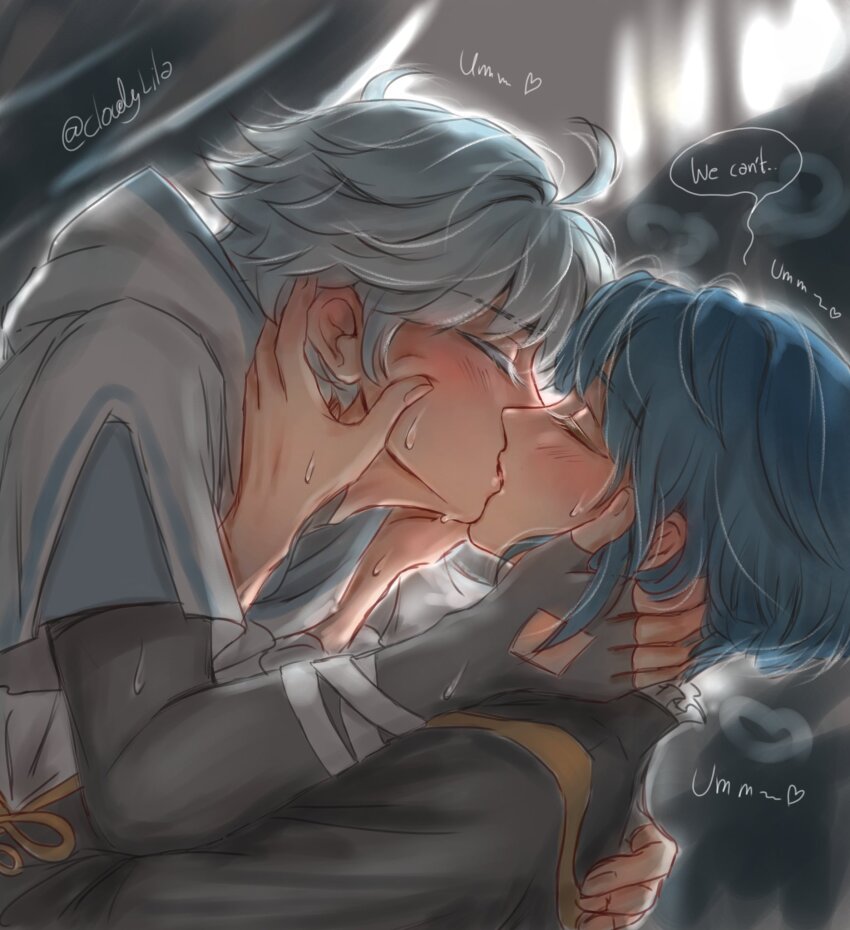 2boys, ahoge, artist_name, blue_hair, blurry, blurry_background, blush, boy_on_top, chongyun_(genshin_impact), closed_eyes, cloudylila, commentary, english_commentary, english_text, fingerless_gloves, genshin_impact, gloves, hands_on_another's_face, highres, hood, hoodie, kiss, male_focus, moaning, multiple_boys, speech_bubble, white_hair, white_hoodie, xingqiu_(genshin_impact), yaoi