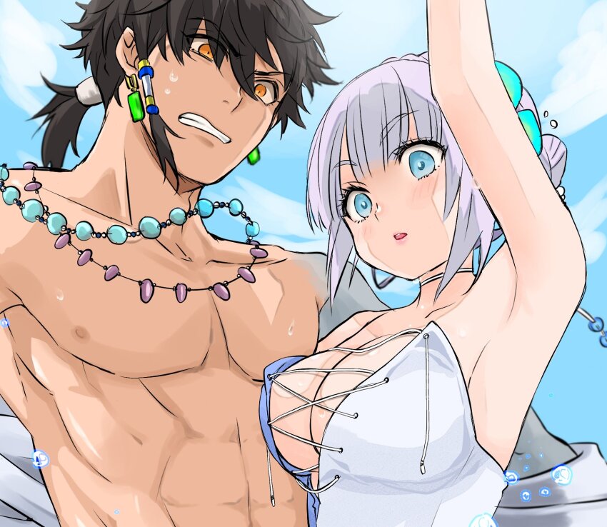 1boy, 1girl, albaird_bergholm, blue_eyes, blush, braid, breasts, choker