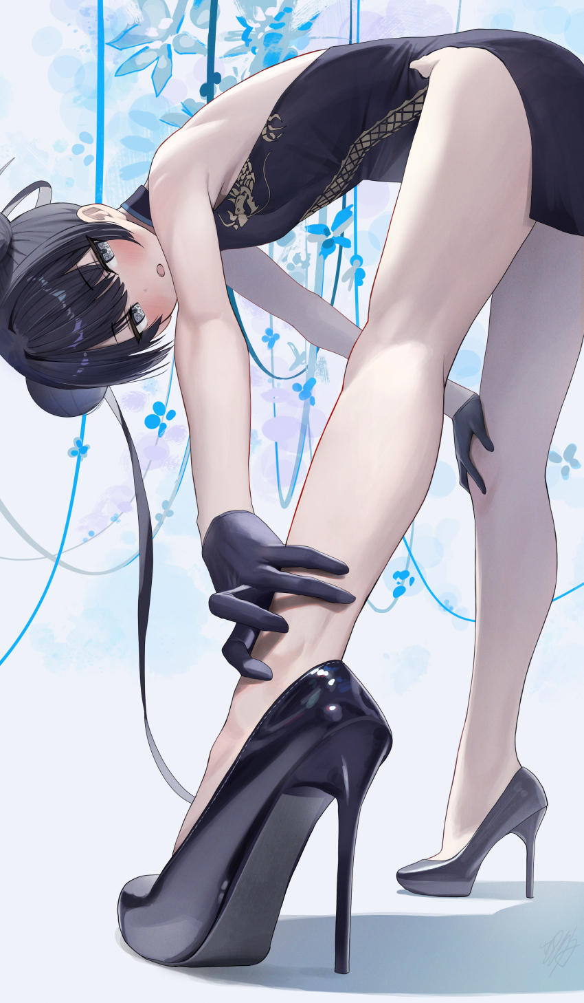 1girl, absurdres, bent_over, black_dress, black_footwear, black_gloves, black_hair, blue_archive, china_dress, chinese_clothes, dragon_print, dress, foot_focus, gloves, grey_eyes, grey_halo, halo, hidulume, high_heels, highres, kisaki_(blue_archive), legs, print_dress, shoes_focus, solo
