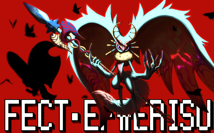 animal_ears, antlers, banobagi, bug, butterfly, butterfly_wings, elfilin, fecto_elfilis, full_body, furry, highres, holding, holding_staff, horns, insect, insect_wings, kirby_(series), kirby_and_the_forgotten_land, looking_at_viewer, mouse_ears, multicolored_eyes, nintendo, notched_ear, red_background, silhouette, staff, tail, wing_ears, wings