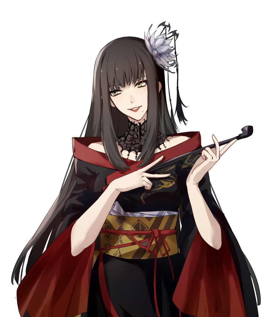 1girl, bat_hair_ornament, black_collar, black_hair, black_kimono, blunt_bangs, collar, cowboy_shot