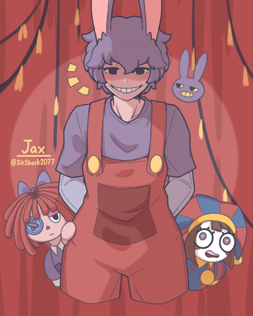 1boy, 2girls, animal_ears, arms_behind_back, black_eyes, clenched_teeth, doll, hat, highres, humanization, jax_(the_amazing_digital_circus), jester, jester_cap, missing_eye, multicolored_eyes, multiple_girls, mystery_girl2077, overalls, pomni_(the_amazing_digital_circus), rabbit_boy, rabbit_ears, ragatha_(the_amazing_digital_circus), smile, teeth, the_amazing_digital_circus