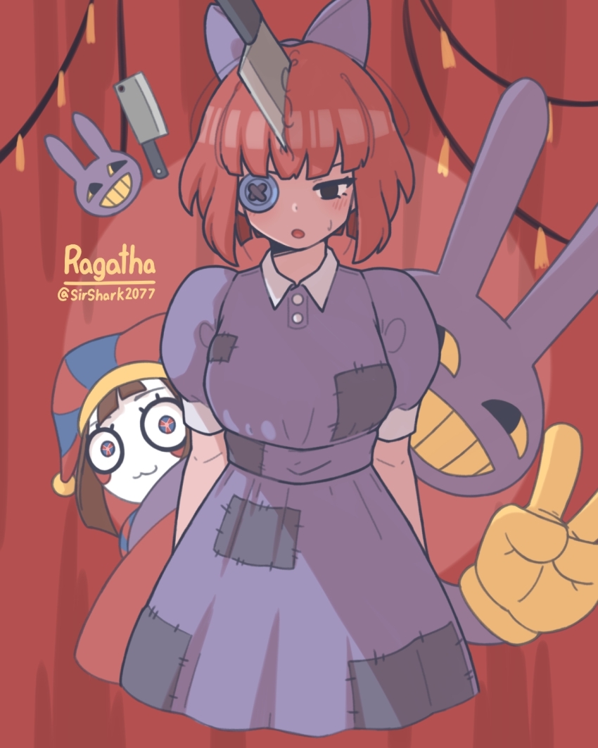 1boy, 2girls, :3, :d, behind_another, black_eyes, blush, bow, brown_hair, colored_sclera, commentary, dress, english_commentary, hair_bow, hat, highres, humanization, jax_(the_amazing_digital_circus), jester, jester_cap, kitchen_knife, knife, looking_down, missing_eye, multicolored_eyes, multiple_girls, mystery_girl2077, open_mouth, orange_hair, pomni_(the_amazing_digital_circus), rabbit, ragatha_(the_amazing_digital_circus), short_hair, smile, the_amazing_digital_circus, yellow_sclera
