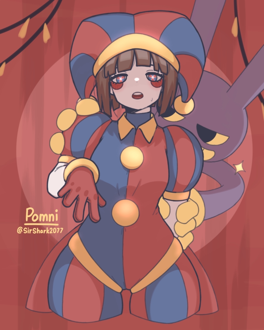 1boy, 1girl, arm_grab, behind_another, black_eyes, blue_eyes, breasts, brown_hair, clenched_teeth, colored_sclera, commentary, english_commentary, gloves, grabbing_from_behind, hat, highres, jax_(the_amazing_digital_circus), jester, jester_cap, medium_breasts, multicolored_eyes, mystery_girl2077, pomni_(the_amazing_digital_circus), rabbit, red_eyes, teeth, the_amazing_digital_circus, thigh_gap, yellow_gloves, yellow_sclera