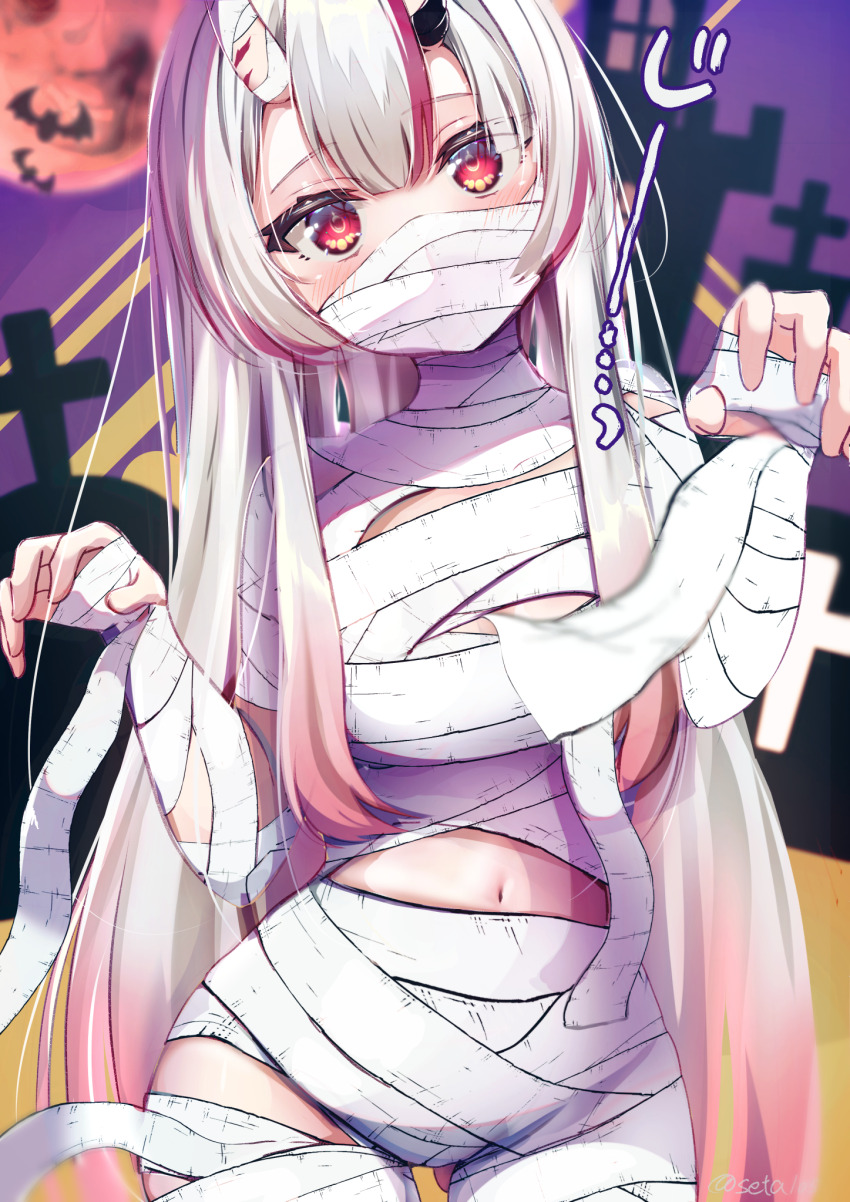 alternate_costume, bandages, bat_(animal), blurry, blurry_background, breasts, cross, halloween