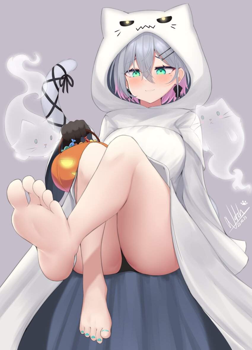 1girl, absurdres, aqua_eyes, barefoot, breasts, cat, closed_mouth, commentary