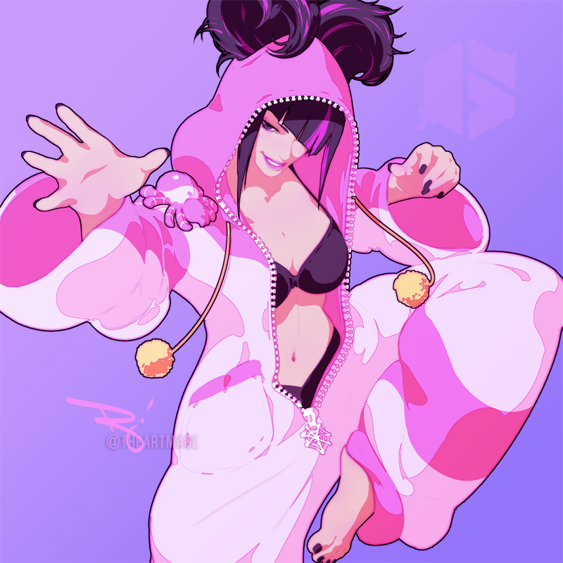 1girl, alternate_costume, alternate_hairstyle, black_bra, black_hair, black_nails, bra, breasts