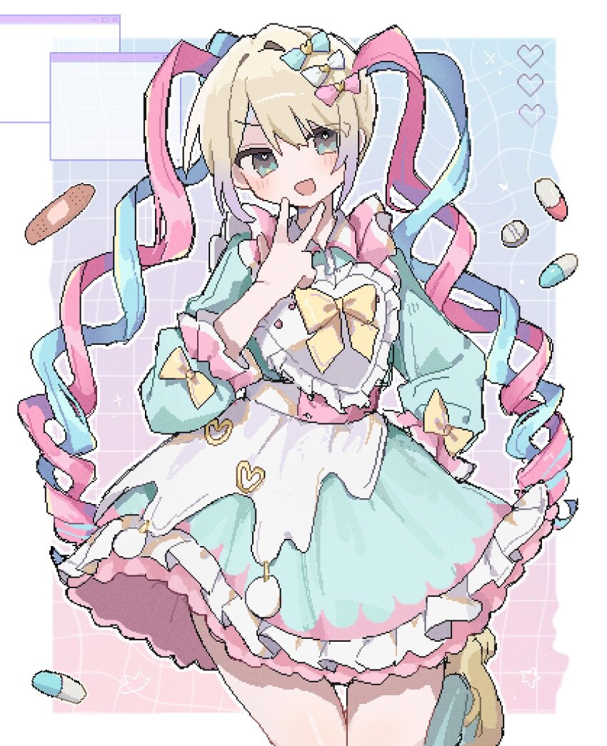 1girl, :d, apron, bandaid, blonde_hair, blue_background, blue_bow, blue_dress