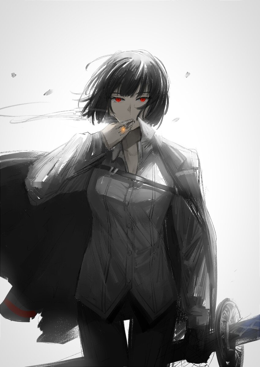 1girl, black_hair, black_jacket, black_pants, breasts, cigarette, colored_skin, highres