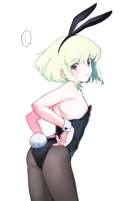 ..., 1boy, ahoge, alternate_costume, animal_ears, armpit_peek, ass, black_leotard, black_pantyhose, blush, closed_mouth, colored_eyelashes, cowboy_shot, crossdressing, crossdressing_(mtf), detached_collar, fake_animal_ears, fake_tail, from_behind, green_hair, leaning_forward, leotard, lio_fotia, looking_at_viewer, looking_back, male_focus, male_playboy_bunny, ns1123, pantyhose, promare, purple_eyes, rabbit_ears, rabbit_tail, short_hair, sidelocks, simple_background, solo, spoken_ellipsis, standing, sweatdrop, tail, thighs, trap, white_background