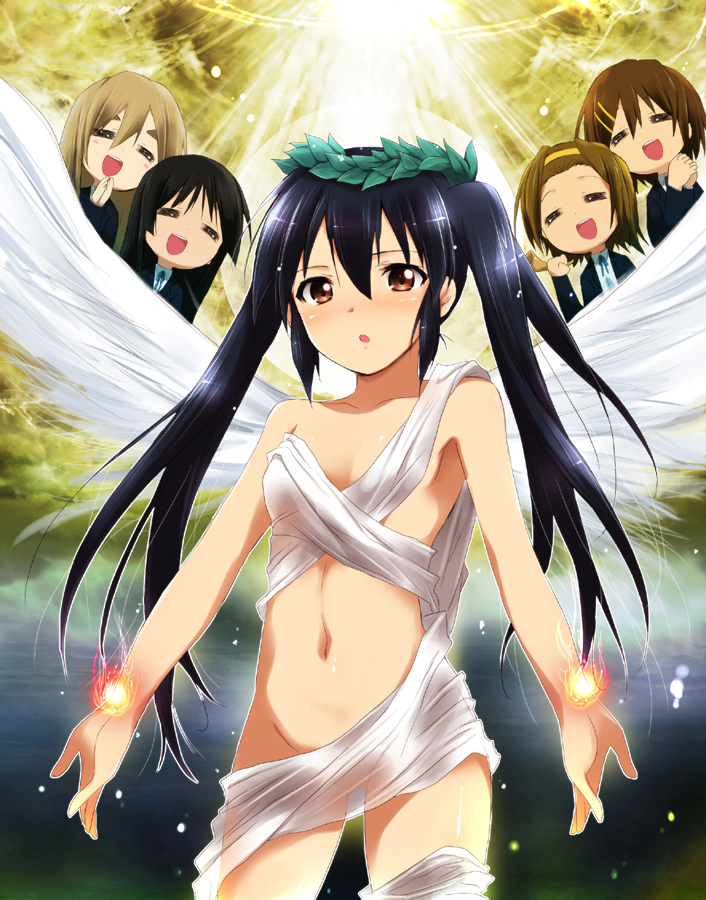 5girls, =_=, akiyama_mio, angel, angel_wings, black_hair, blonde_hair, blush