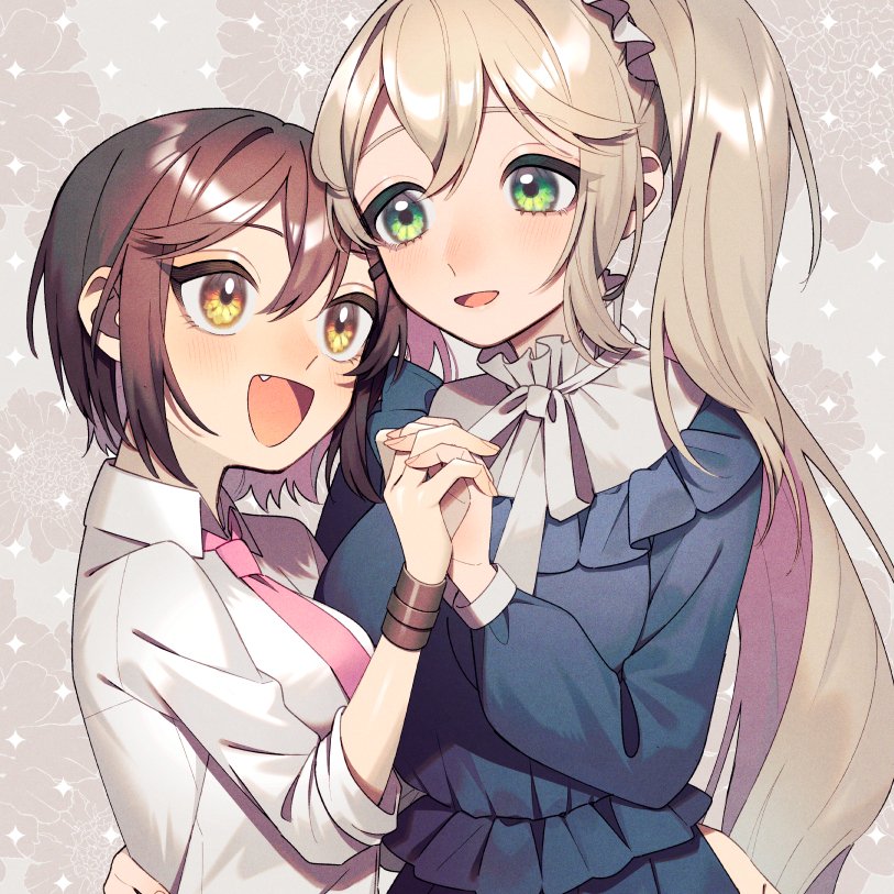 2girls, black_hair, blonde_hair, blue_shirt, breasts, commission, en_or, frilled_shirt_collar
