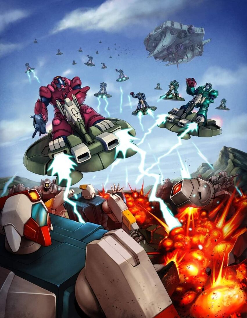 alien, artist_request, atac, battle, beam_rifle, bioroid, choujikuu_kidan_southern_cross, cloud