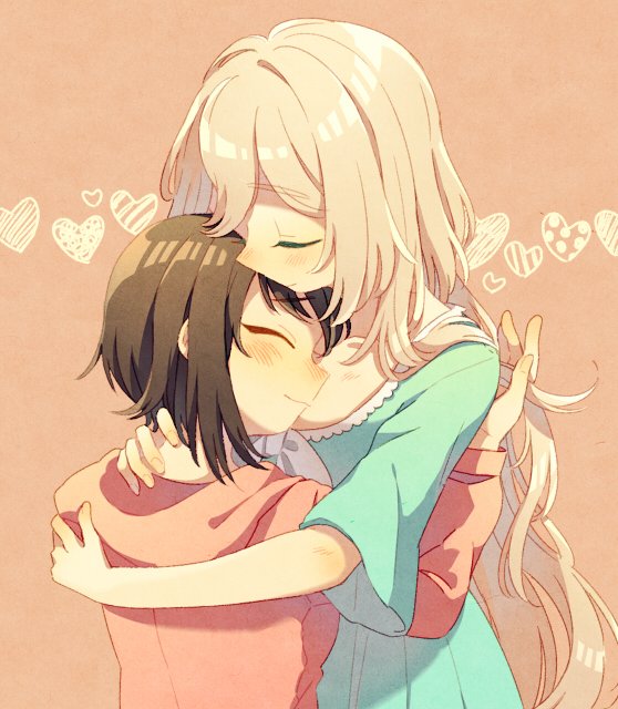 2girls, black_hair, blonde_hair, blue_pajamas, blush, closed_eyes, en_or, heart