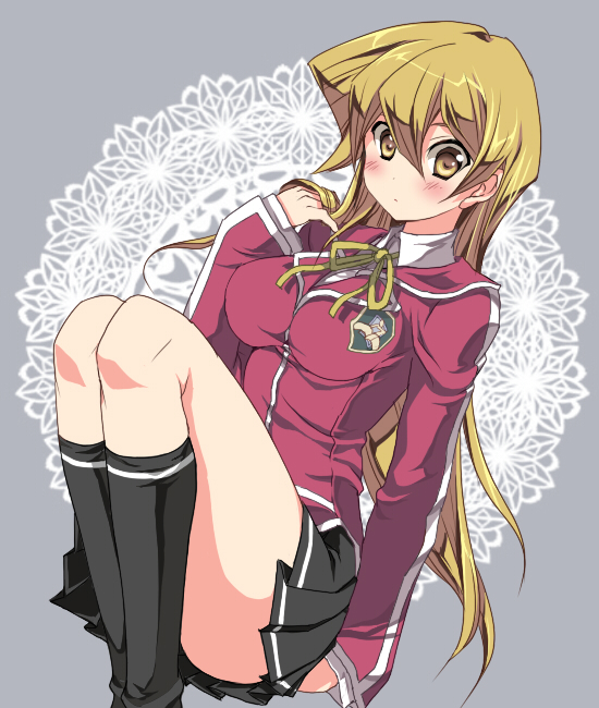 1girl, alternate_costume, blonde_hair, blush, breasts, brown_eyes, censored, convenient_censoring, convenient_leg, emblem, female_focus, long_hair, miniskirt, miyata_(munich), miyata_rasuichi, ribbon, school_uniform, skirt, socks, solo, tenjouin_asuka, yu-gi-oh!, yu-gi-oh!_gx