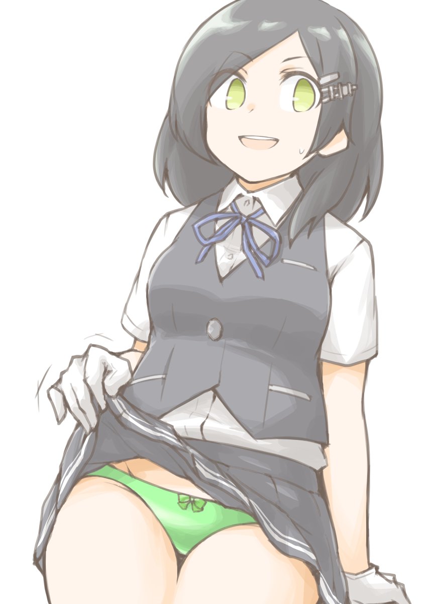 1girl, akara_kai, averting_eyes, bike_shorts, black_hair, black_skirt, black_vest, blue_ribbon