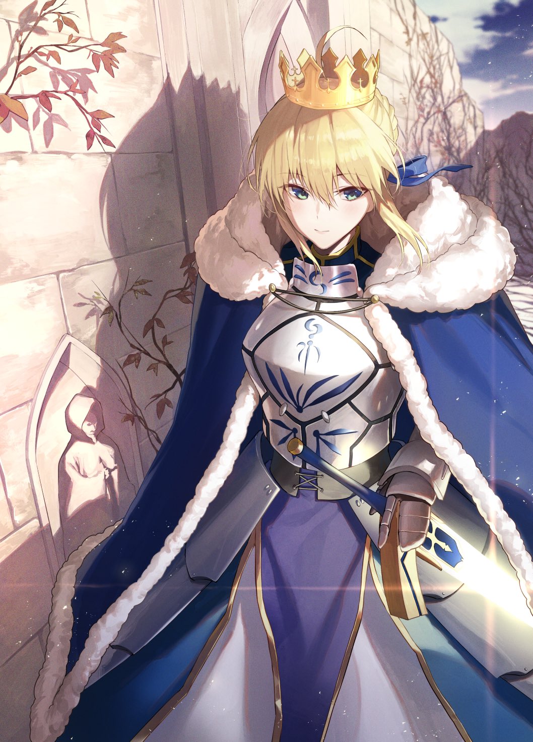1girl, ahoge, armor, armored_dress, artoria_pendragon_(fate), blonde_hair, blue_ribbon, cape