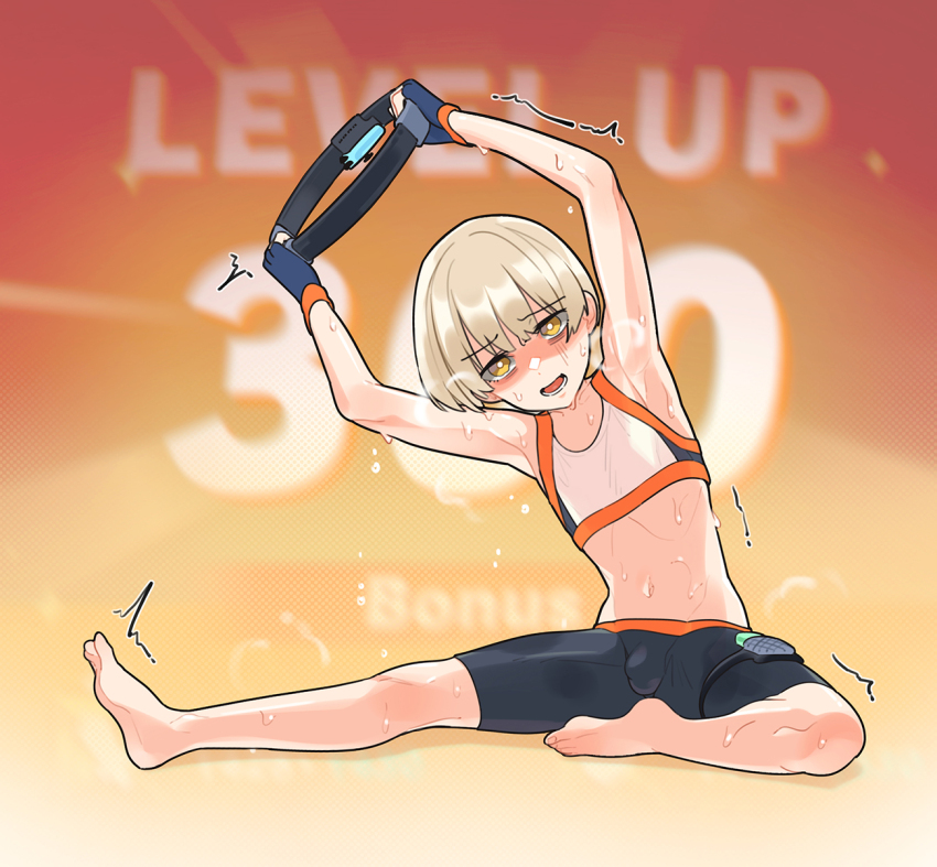 armpits, arms_up, belly, bike_shorts, black_shorts, blonde_hair, controller, crossdressing