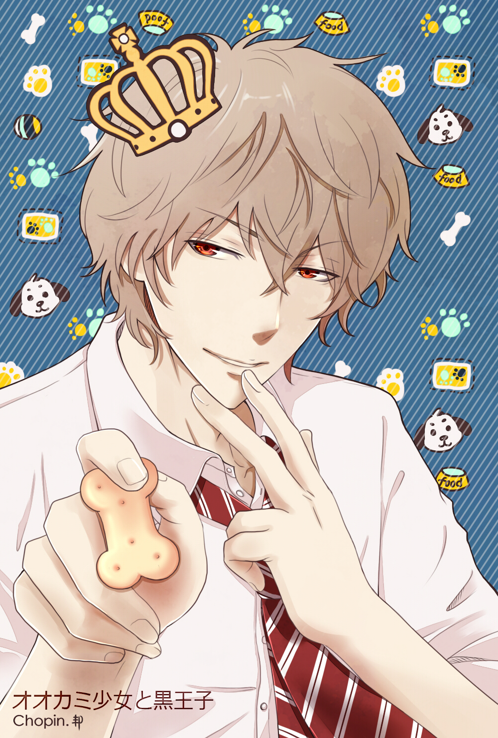 1boy, artist_name, blue_background, bowl, buttons, cartoon_bone, chopin510, collared_shirt