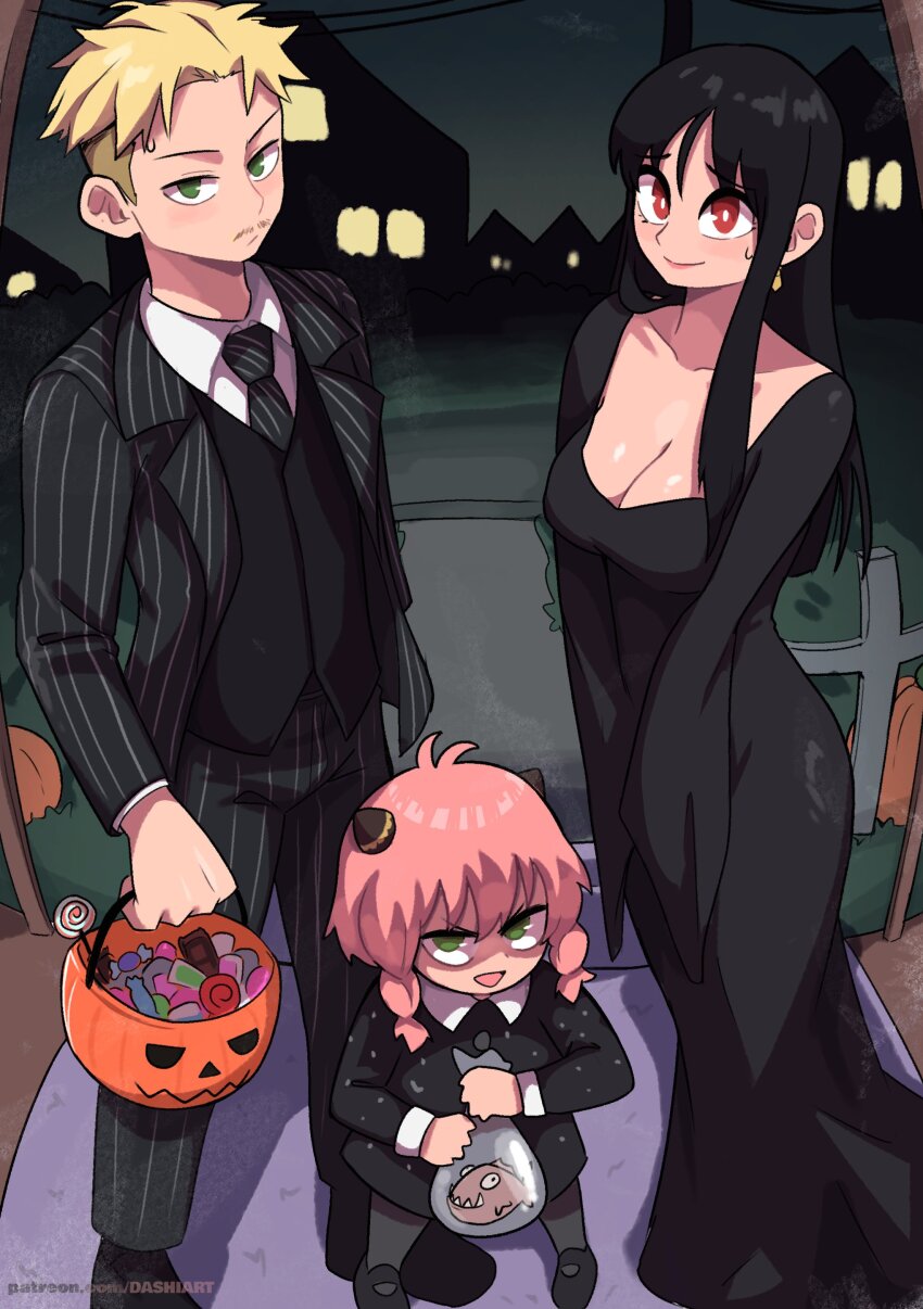 1boy, 2girls, absurdres, the_addams_family, animal, anya_(spy_x_family), bag, basket