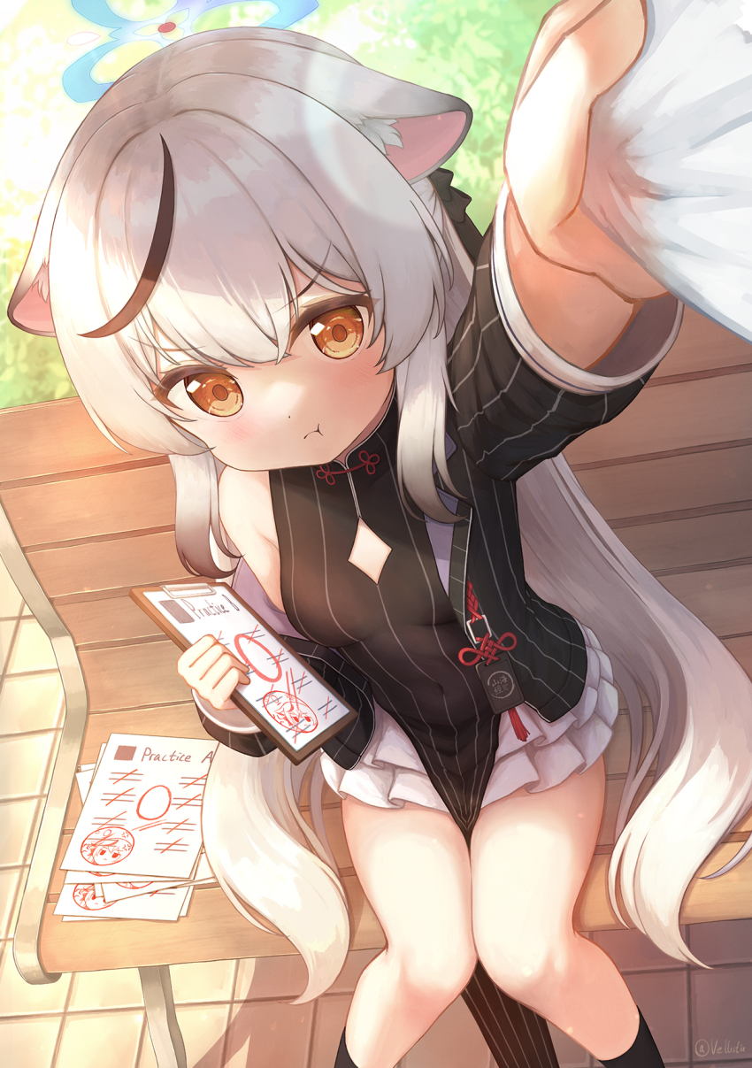 1girl, animal_ears, black_dress, black_hair, black_socks, blue_archive, blue_halo, blush