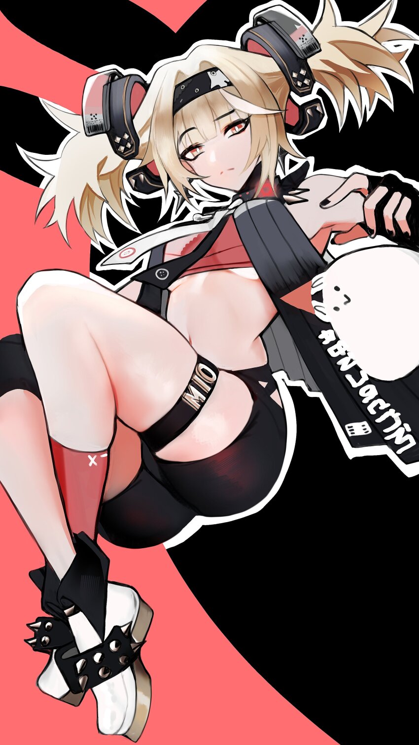 1girl, absurdres, black_gloves, black_headband, black_shorts, closed_mouth, commentary, english_commentary