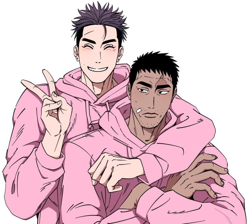 2boys, ^_^, arm_around_neck, balnom, bara, black_hair, blush, closed_eyes