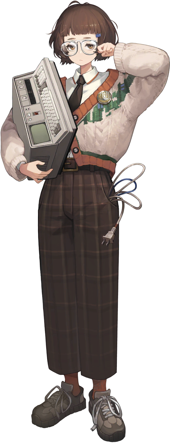 1girl, badge, belt, black_belt, black_necktie, brown_eyes, brown_hair, brown_pants