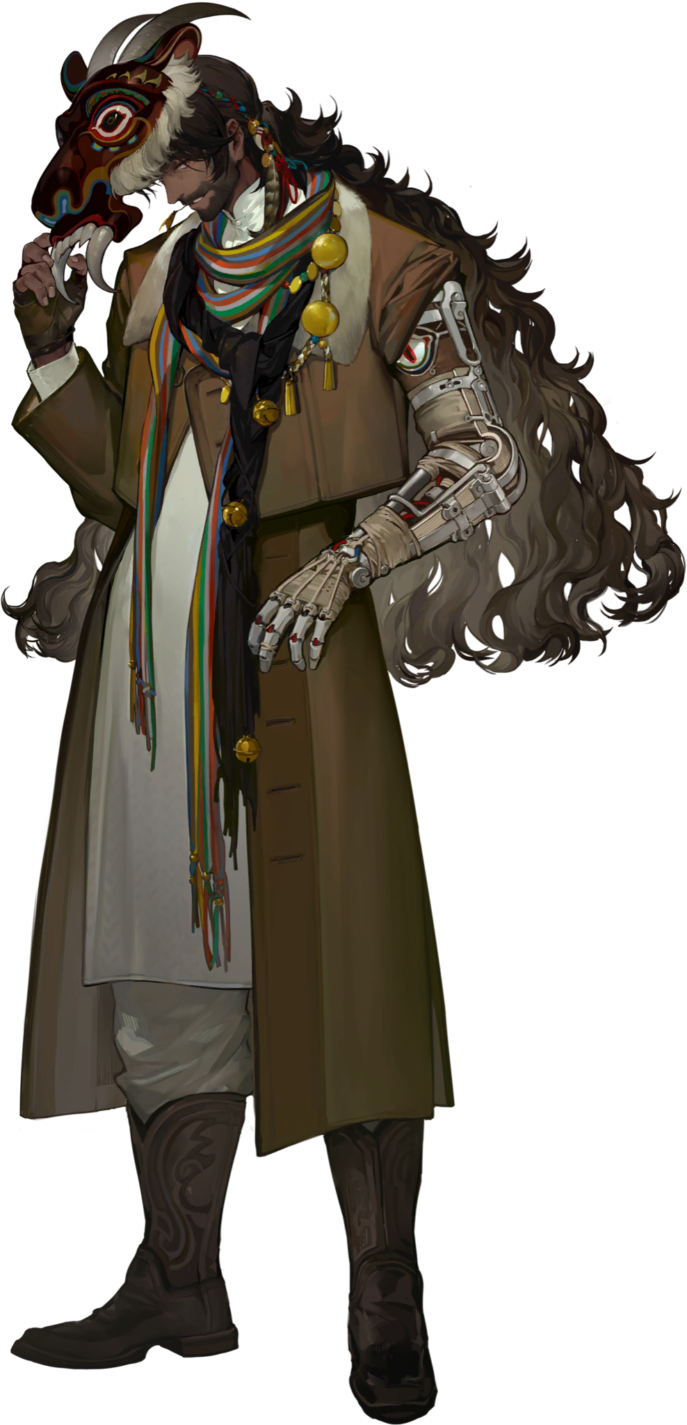 1boy, beard, boots, brown_boots, brown_coat, brown_gloves, brown_hair, coat, dark-skinned_male, dark_skin, desi, facial_hair, fingerless_gloves, full_body, gloves, grin, highres, jewelry, long_hair, looking_at_viewer, male_focus, mask, mask_on_head, mechanical_arms, multicolored_scarf, necklace, official_art, pants, reverse:1999, scarf, shamane, single_glove, single_mechanical_arm, smile, solo, standing, tachi-e, tassel, third-party_source, transparent_background, very_long_hair, white_pants